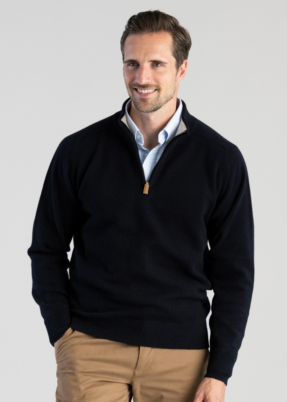 Lambswool 2 Ply Zip Neck - Navy with Cobble - 3