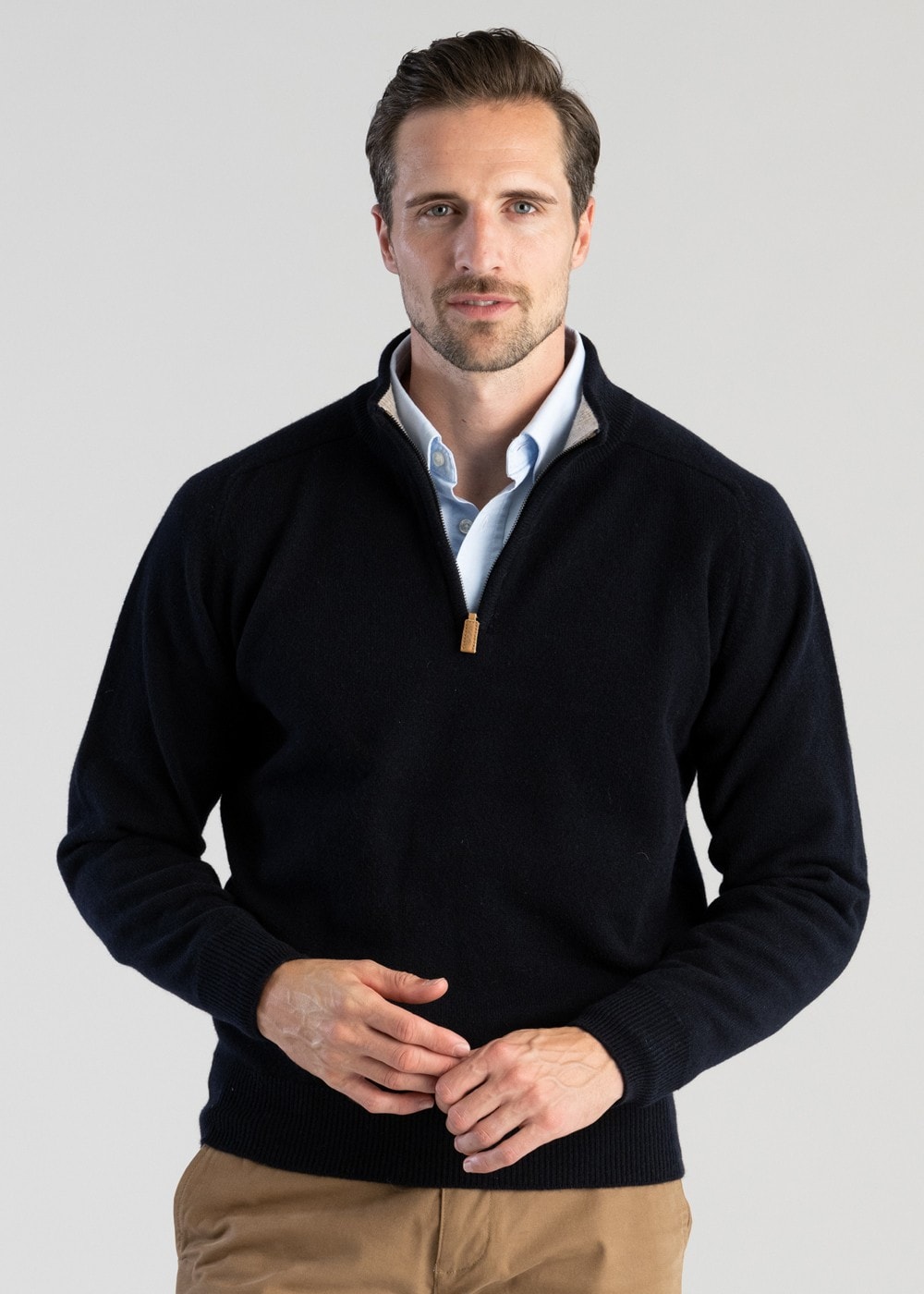 Lambswool 2 Ply Zip Neck - Navy with Cobble - 4