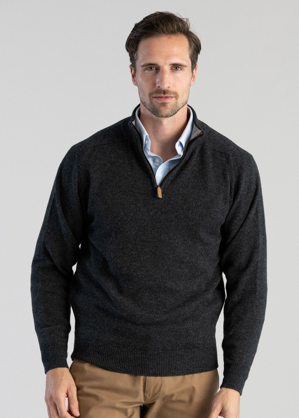 Lambswool 2 Ply Zip Neck - Charcoal with Flannel - 2