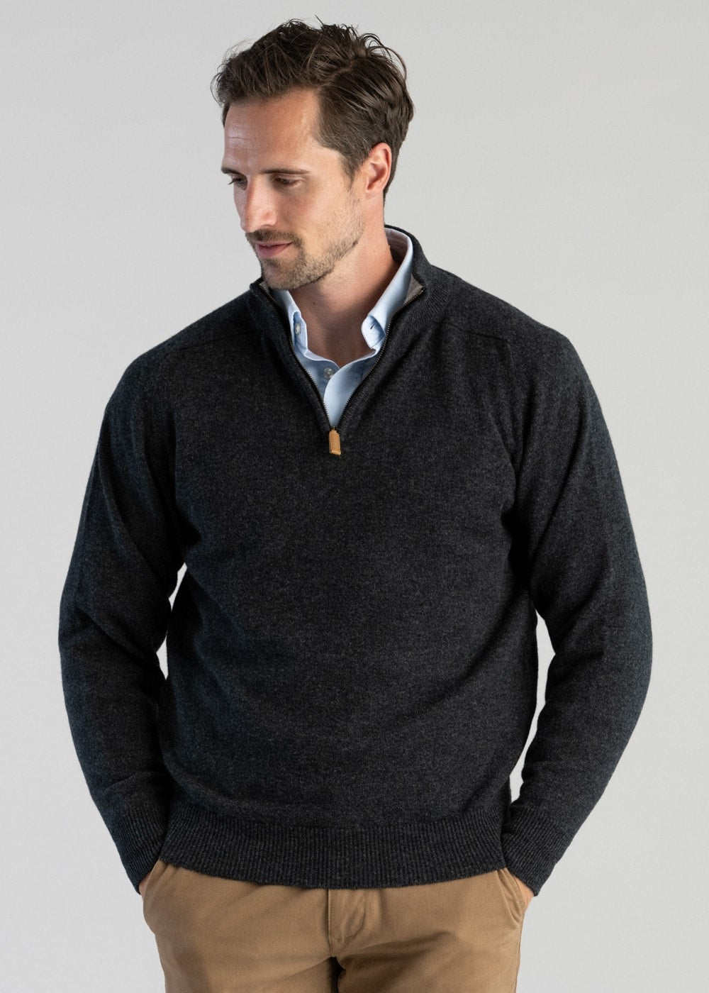 Lambswool 2 Ply Zip Neck - Charcoal with Flannel - 3