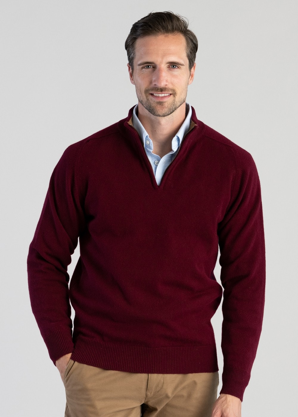 Lambswool 2 Ply Zip Neck - Bordeaux with Driftwood - 3