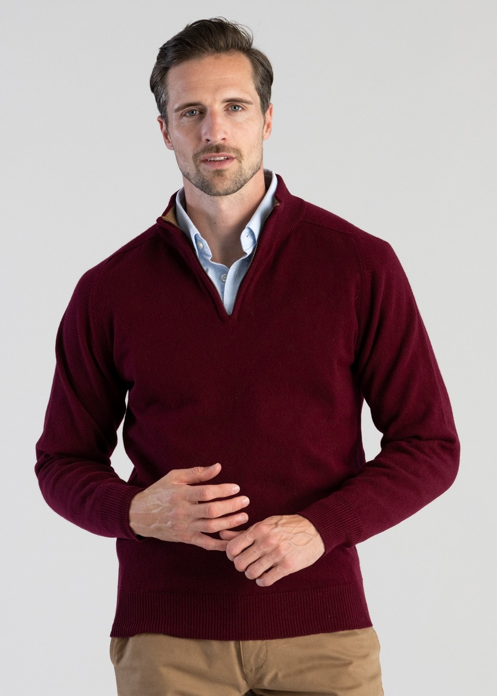 Lambswool 2 Ply Zip Neck - Bordeaux with Driftwood - 4