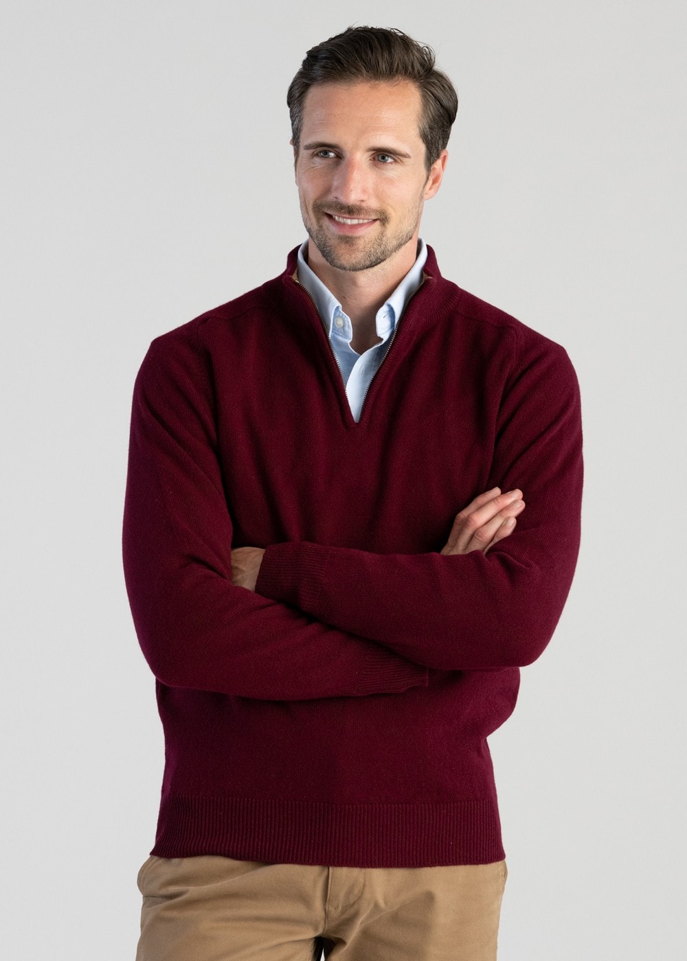 Lambswool 2 Ply Zip Neck - Bordeaux with Driftwood - 5