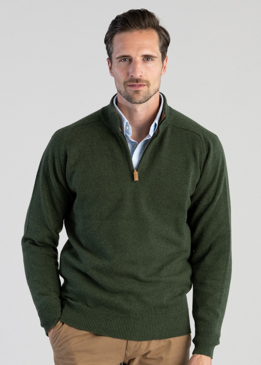 Lambswool 2 Ply Zip Neck - Rosemary with Driftwood - 3