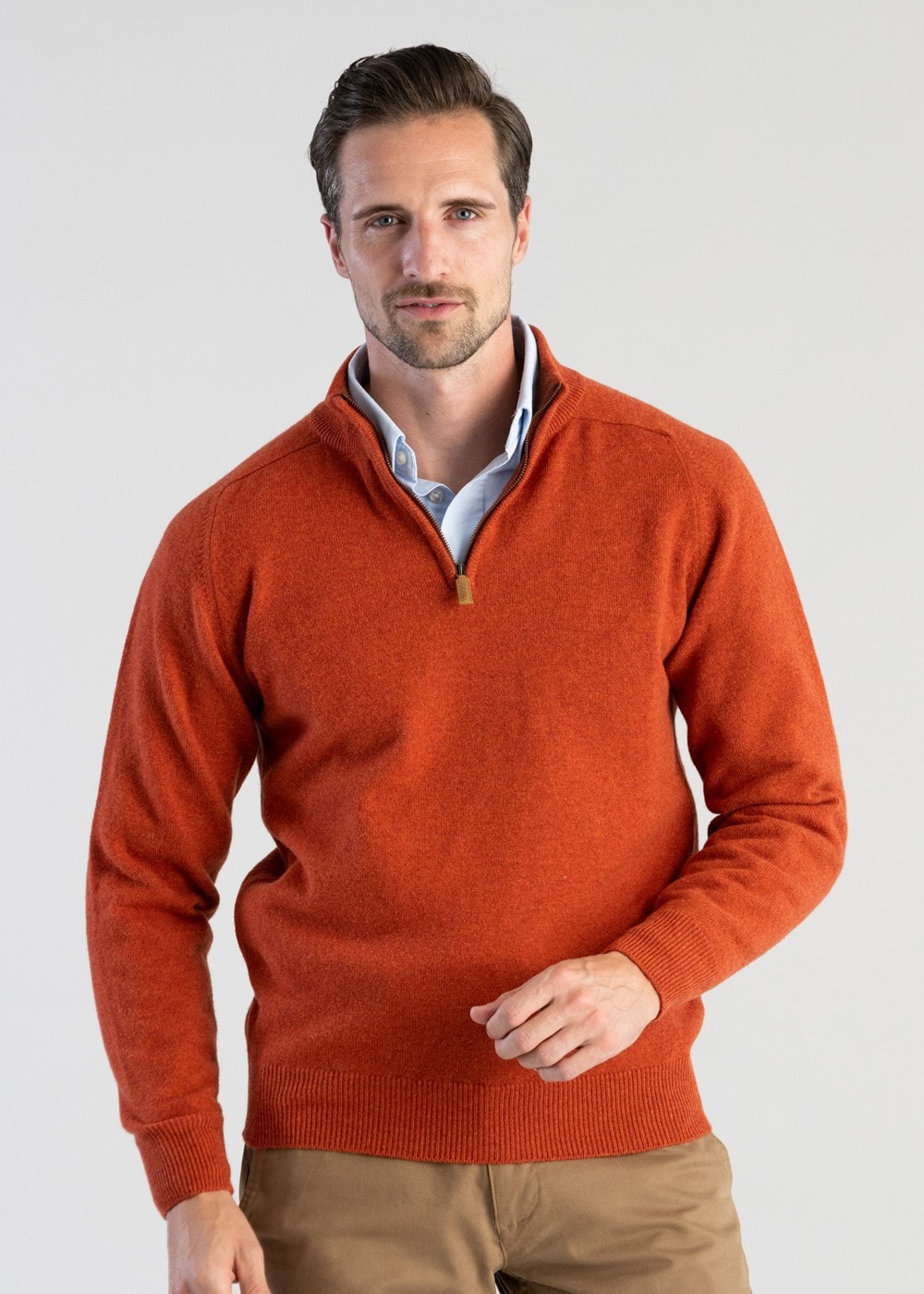 Lambswool 2 Ply Zip Neck - Ember with Tiger - 4