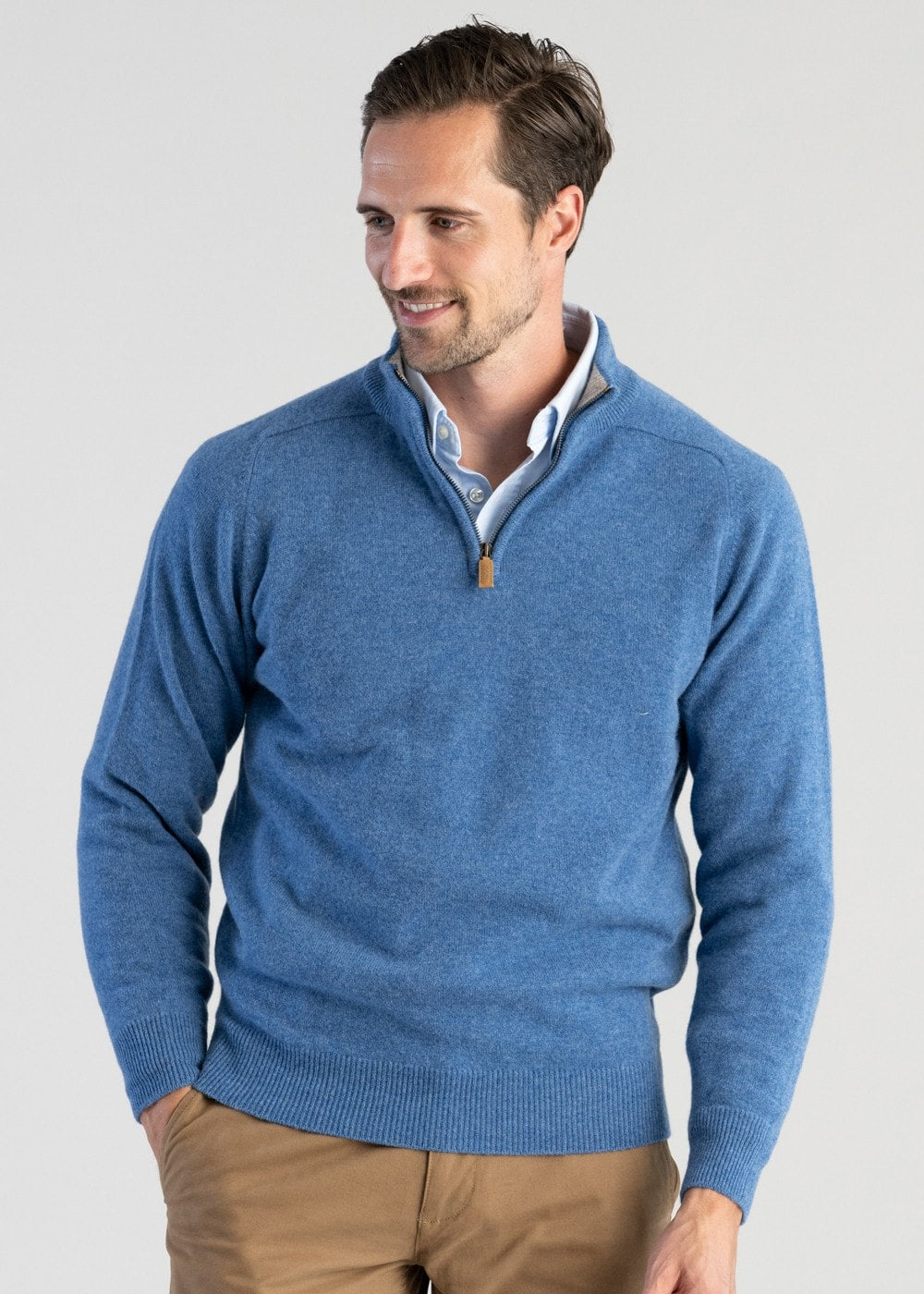 Lambswool 2 Ply Zip Neck - Jeans with Cobble - 3