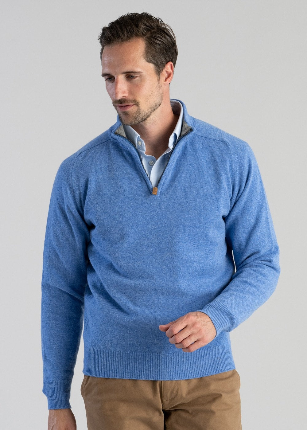 Lambswool 2 Ply Zip Neck - Surf with Flannel - 5