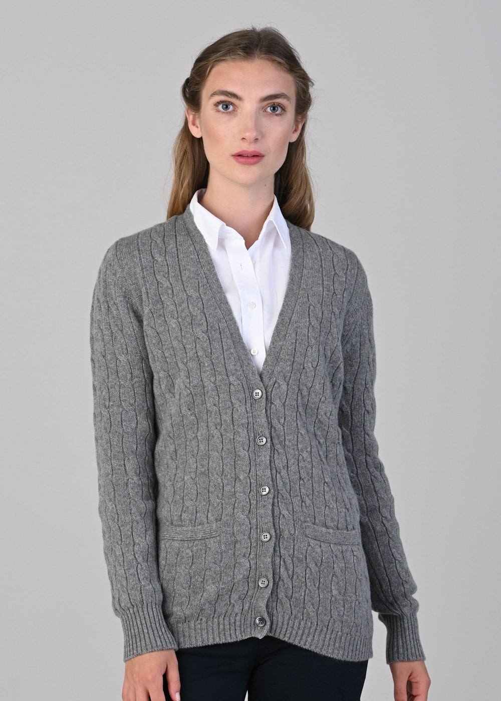 Sophia Cashmere Vee Cardigan - Flannel - 2