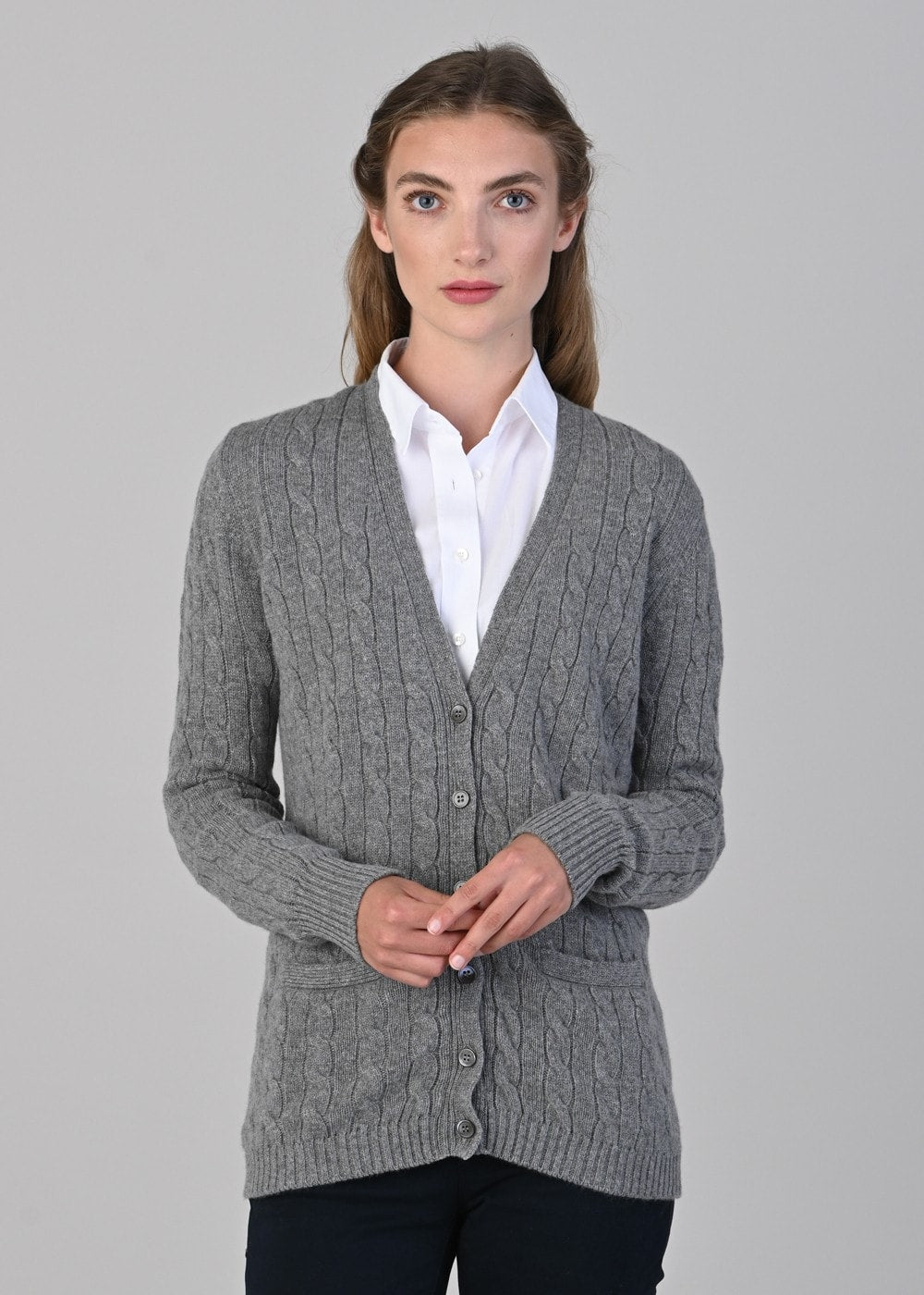 Sophia Cashmere Vee Cardigan - Flannel - 3