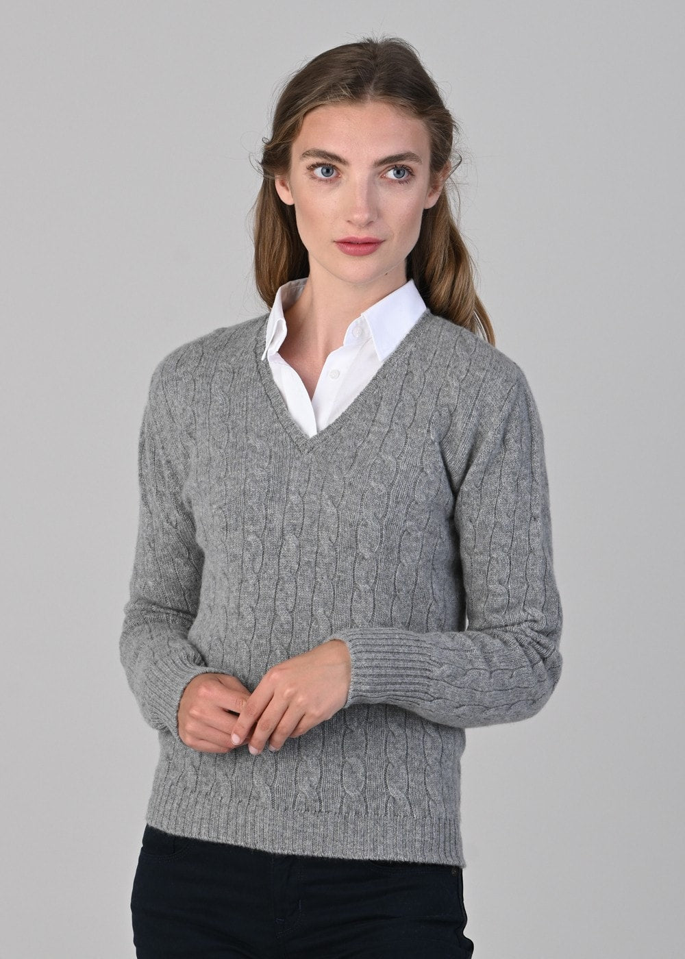 Sophia Cashmere Cable Vee Neck - Flannel - 3