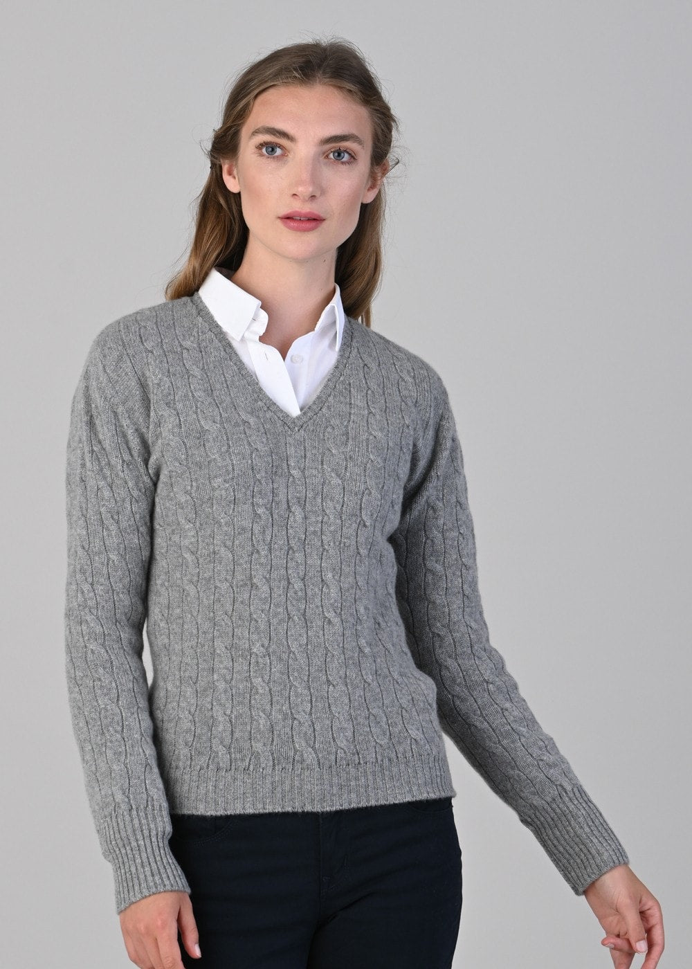 Sophia Cashmere Cable Vee Neck - Flannel - 4