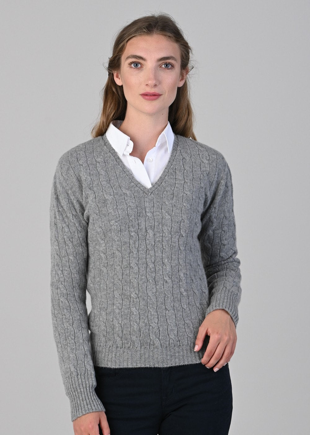 Sophia Cashmere Cable Vee Neck - Flannel - 5