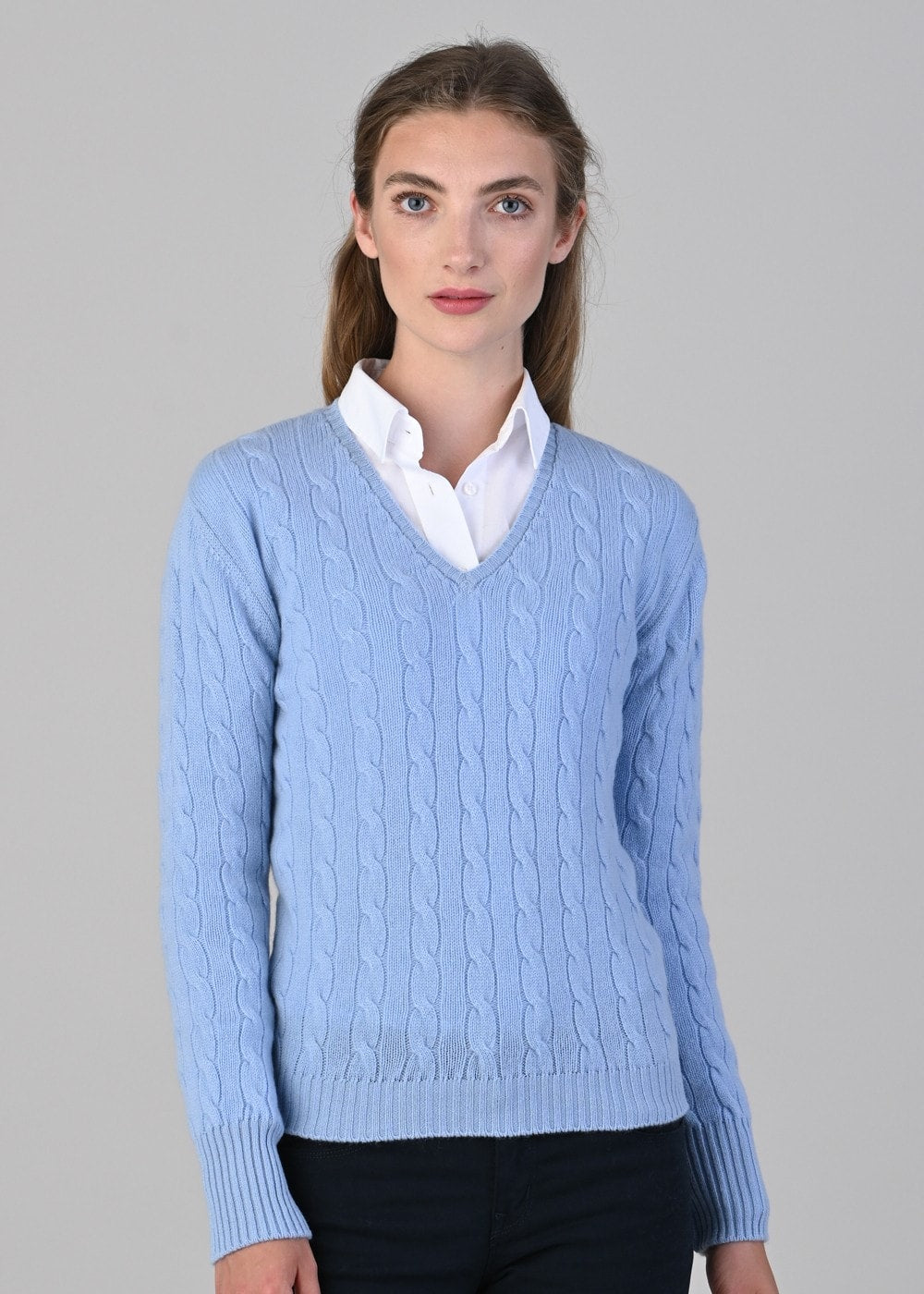 Sophia Cashmere Cable Vee Neck - Hyacinth - 2