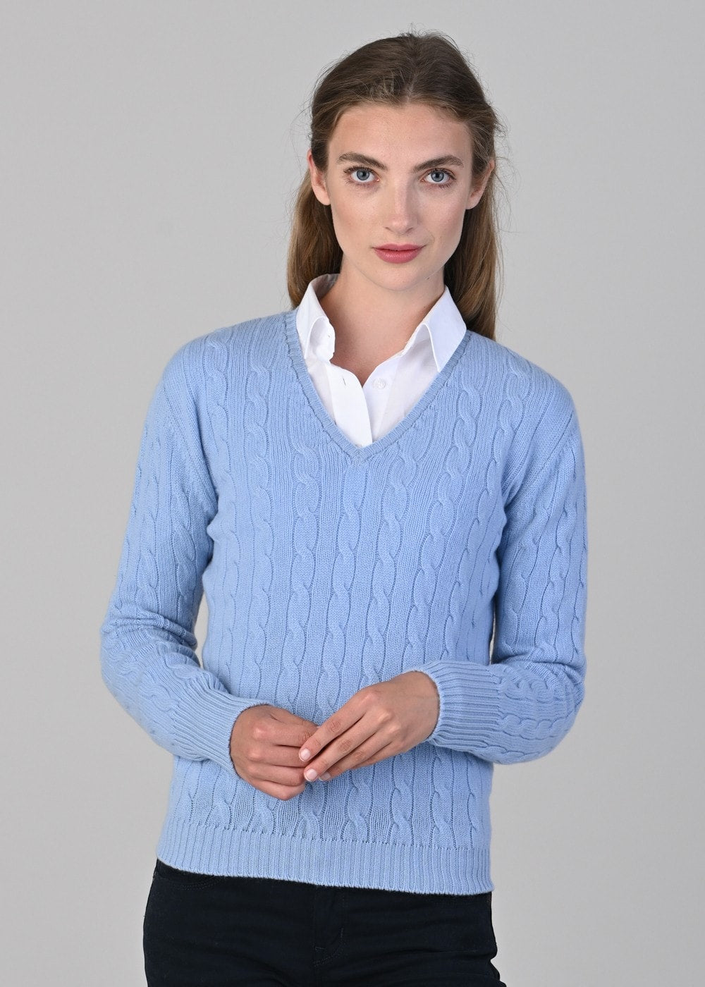 Sophia Cashmere Cable Vee Neck - Hyacinth - 3