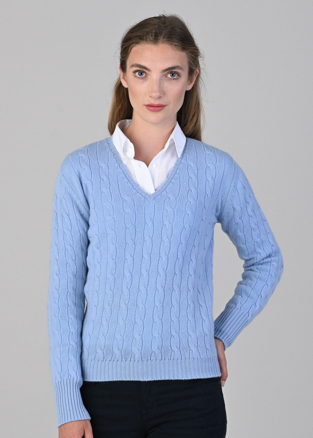 Sophia Cashmere Cable Vee Neck - Hyacinth - 4