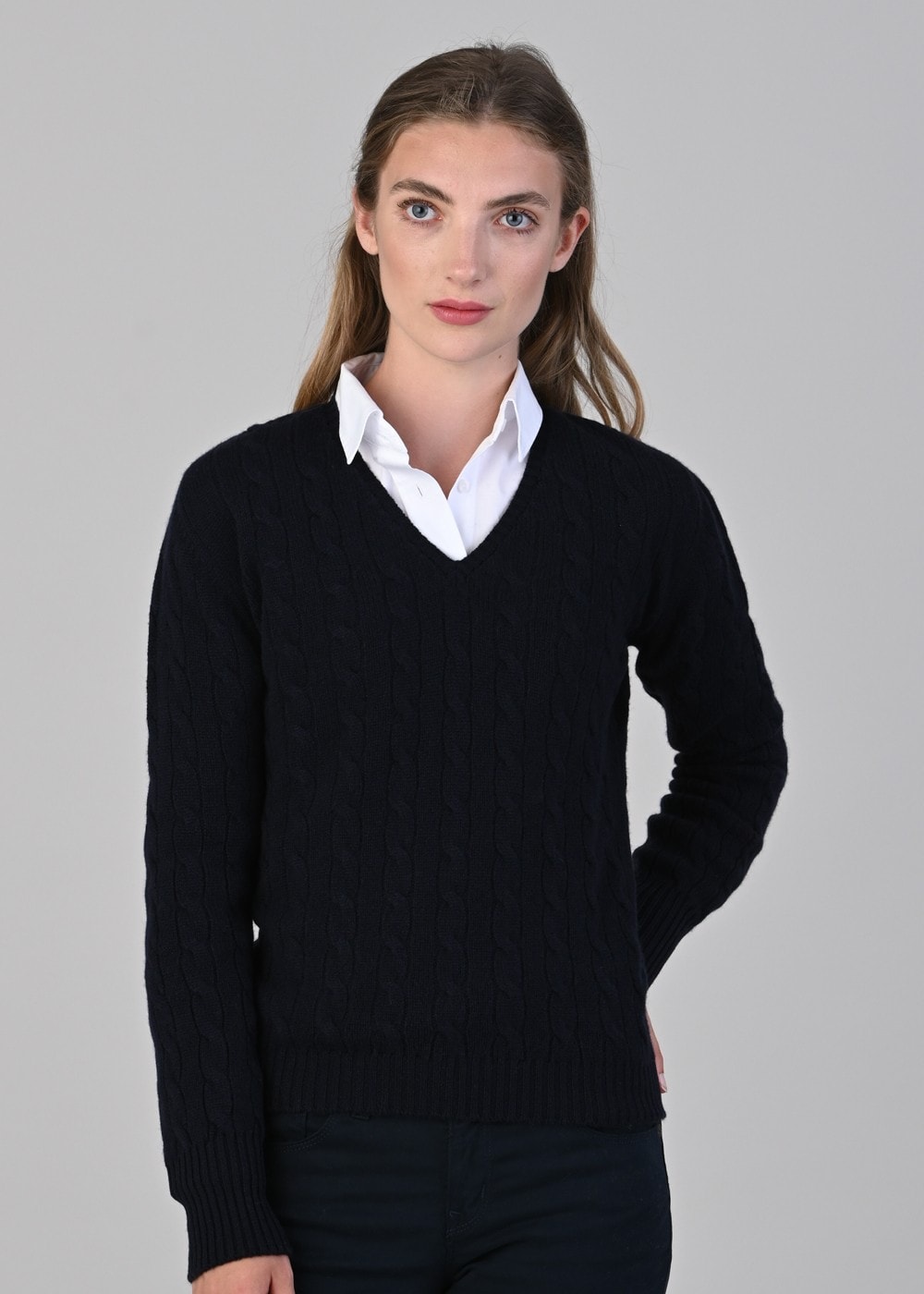 Sophia Cashmere Cable Vee Neck - Navy - 5