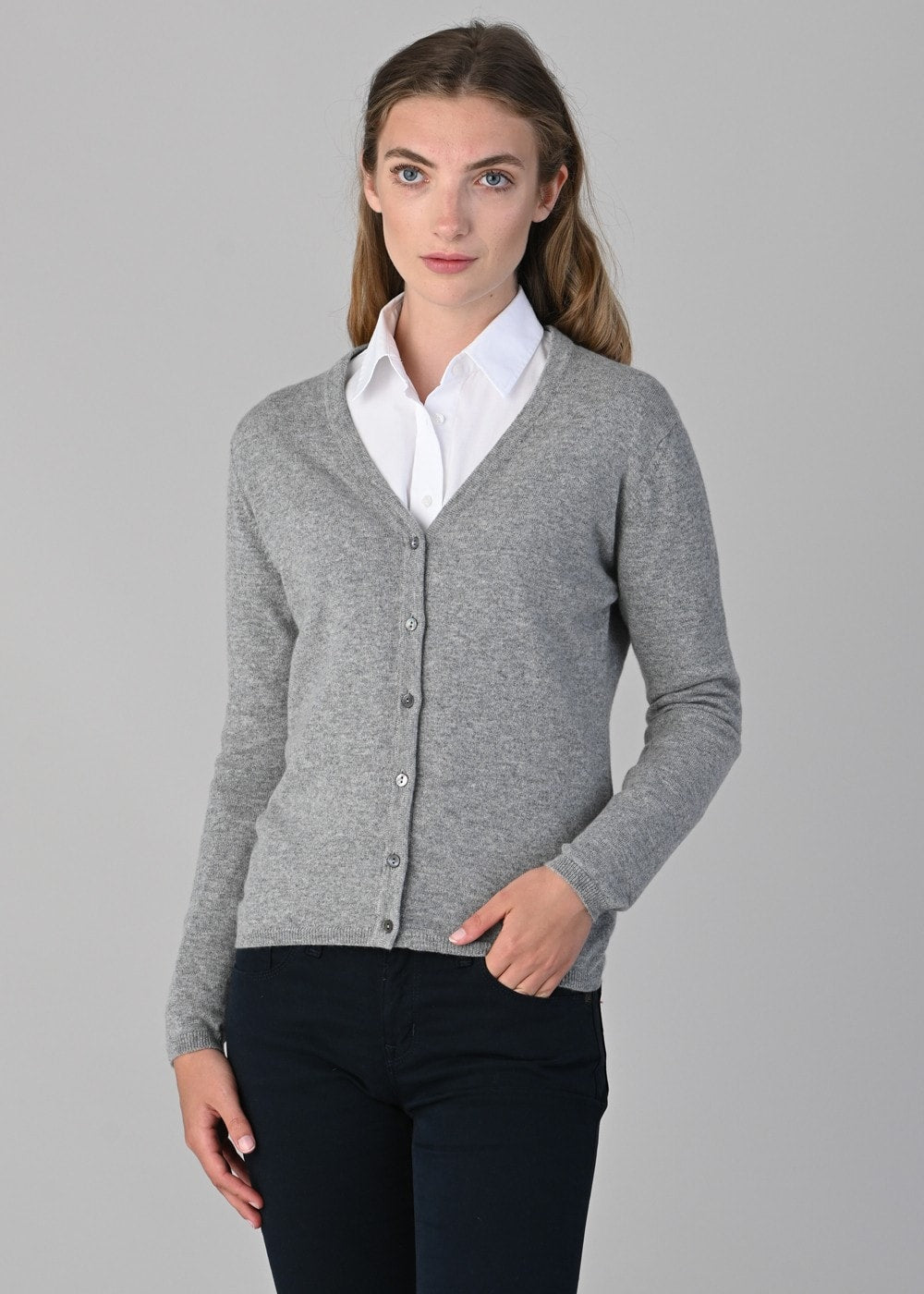 Millie Cashmere Vee Cardigan - Flannel - 2