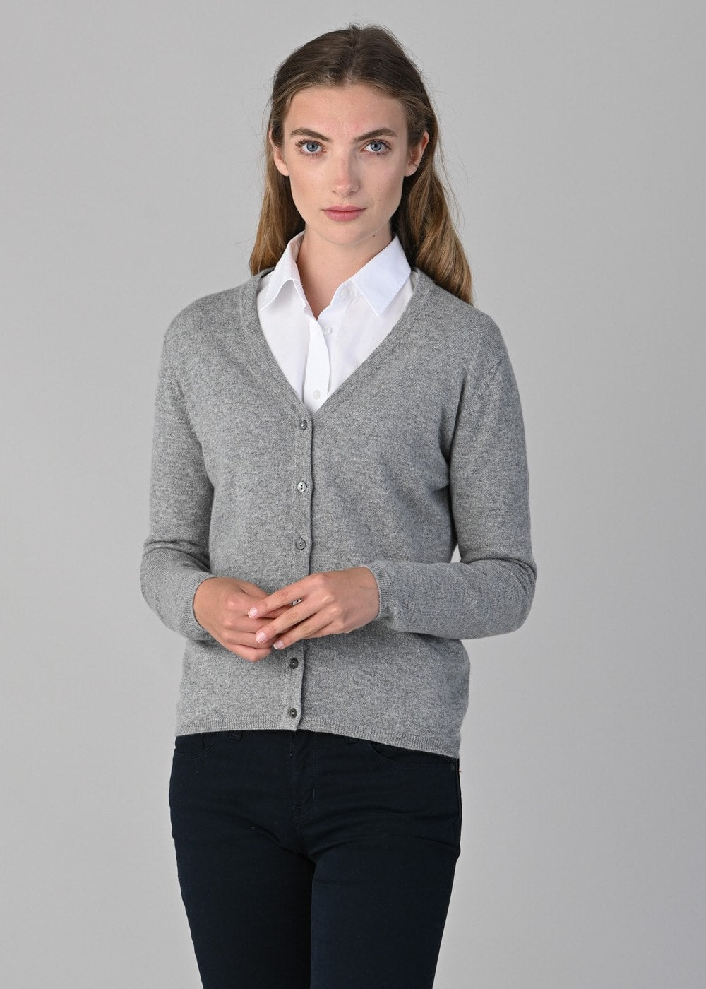 Millie Cashmere Vee Cardigan - Flannel - 3