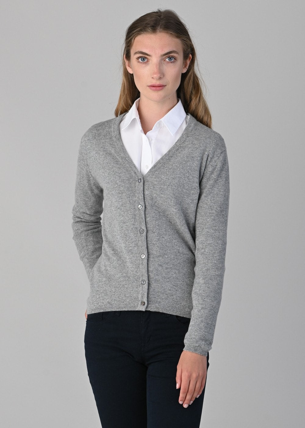 Millie Cashmere Vee Cardigan - Flannel - 4