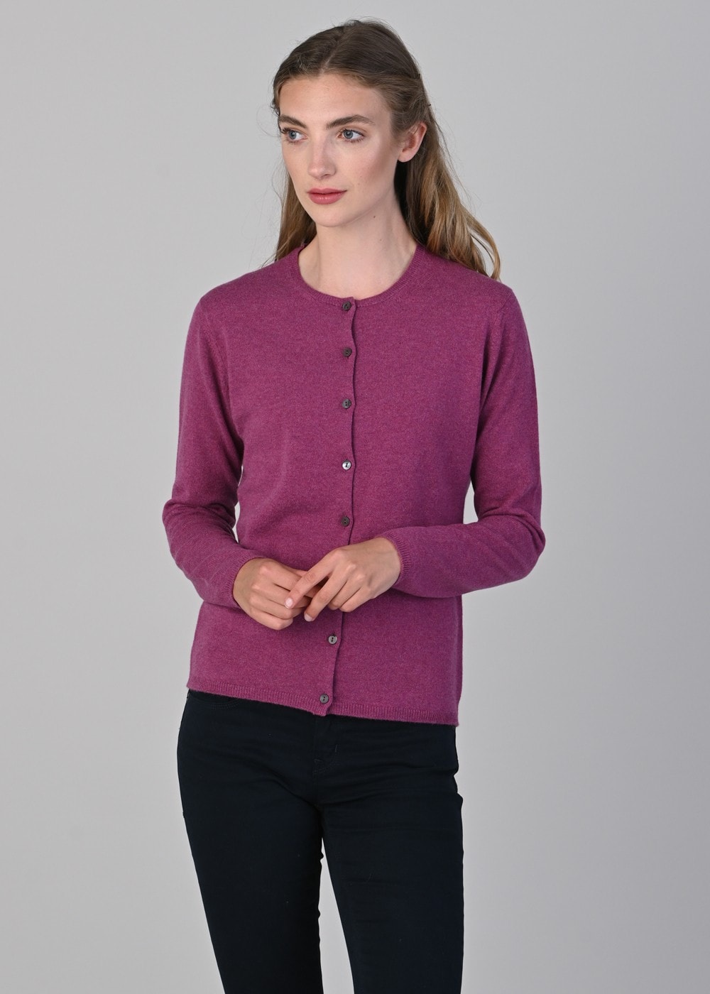 Millie Cashmere High Button Cardigan - Loganberry - 2