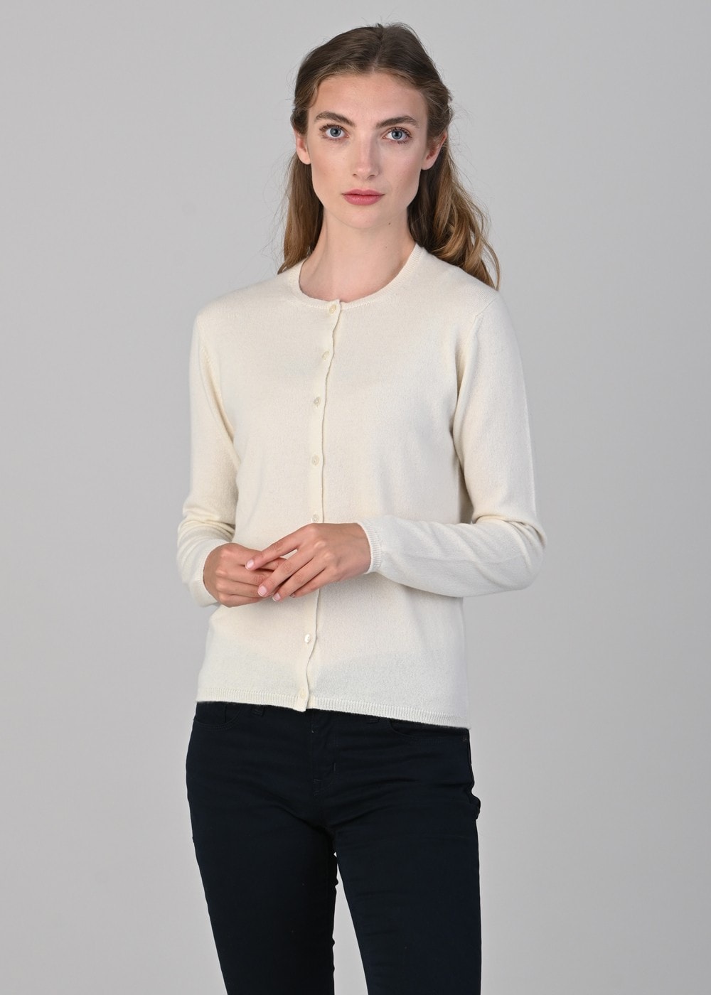 Millie Cashmere High Button Cardigan - White Undyed - 2