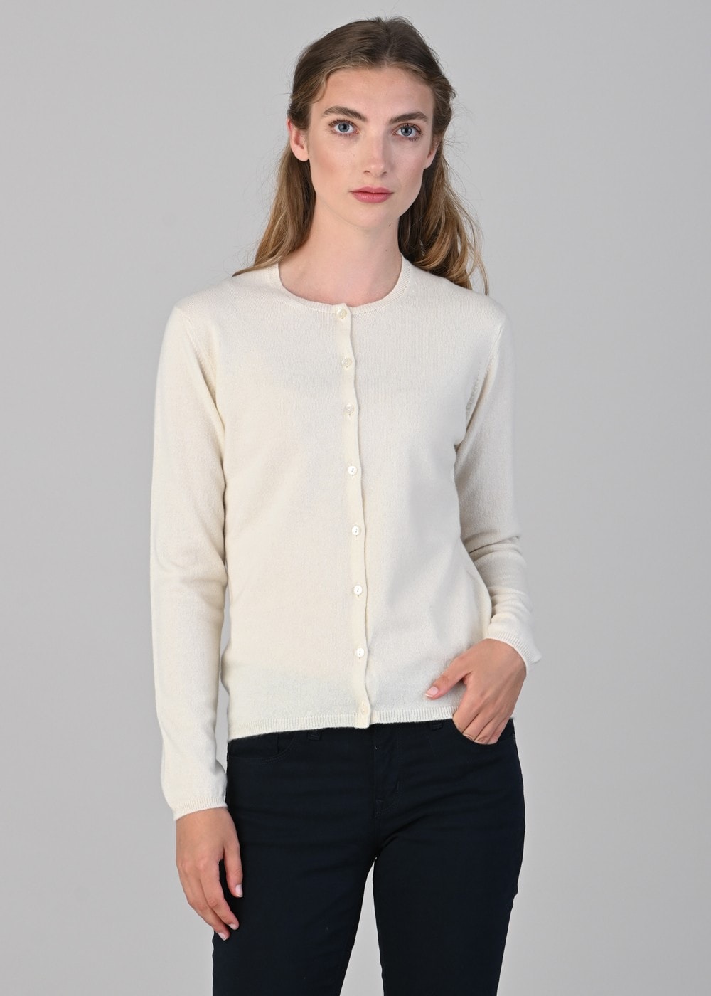 Millie Cashmere High Button Cardigan - White Undyed - 4