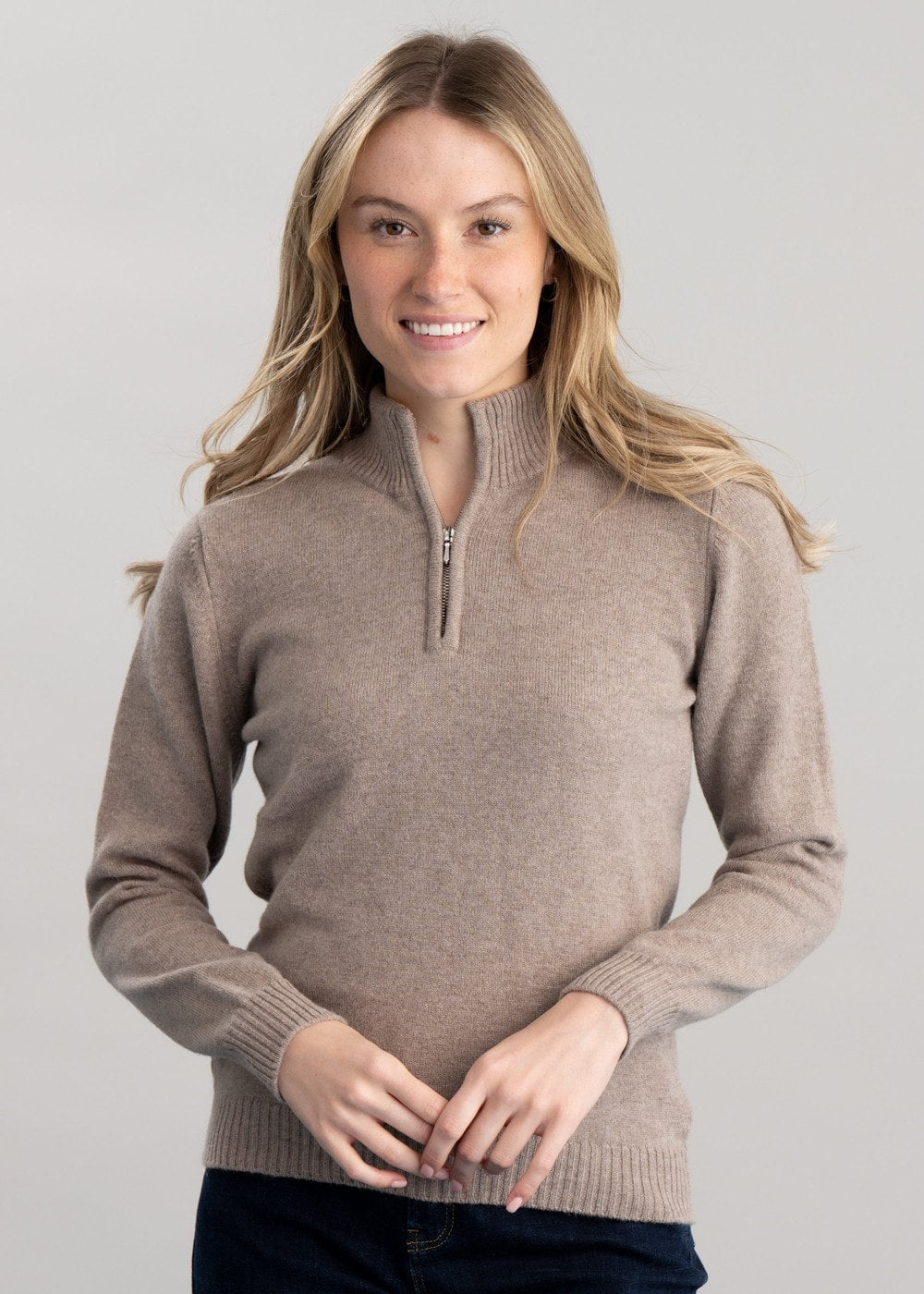 Lindsey Lambswool Zip Neck - Mushroom with Autumn Gold - 3