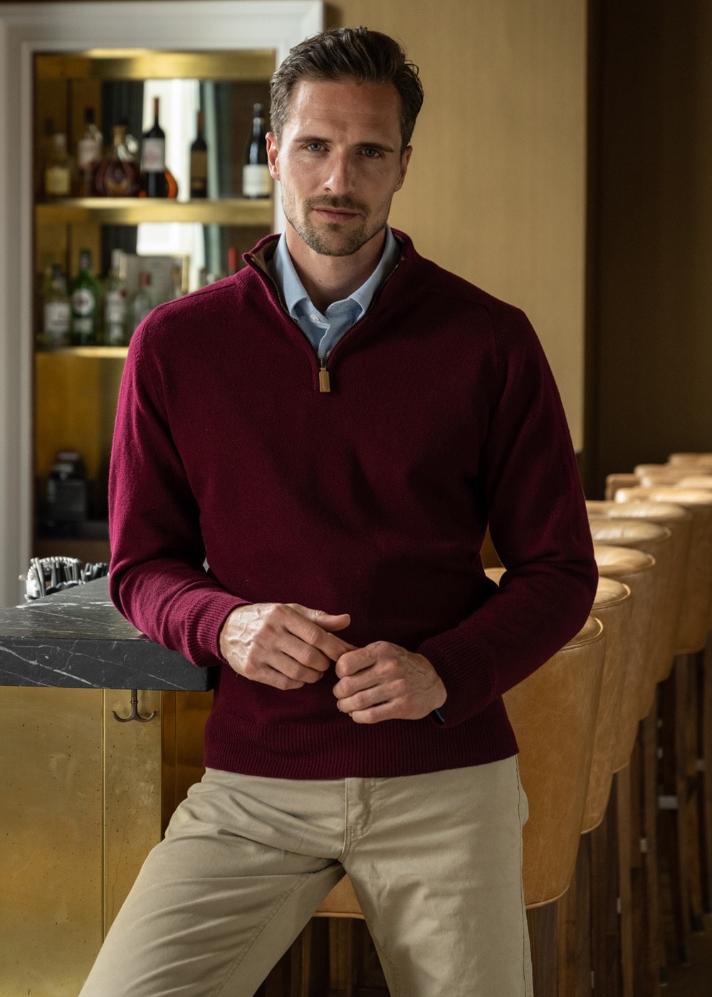 Lambswool 2 Ply Zip Neck - Bordeaux with Driftwood - 2