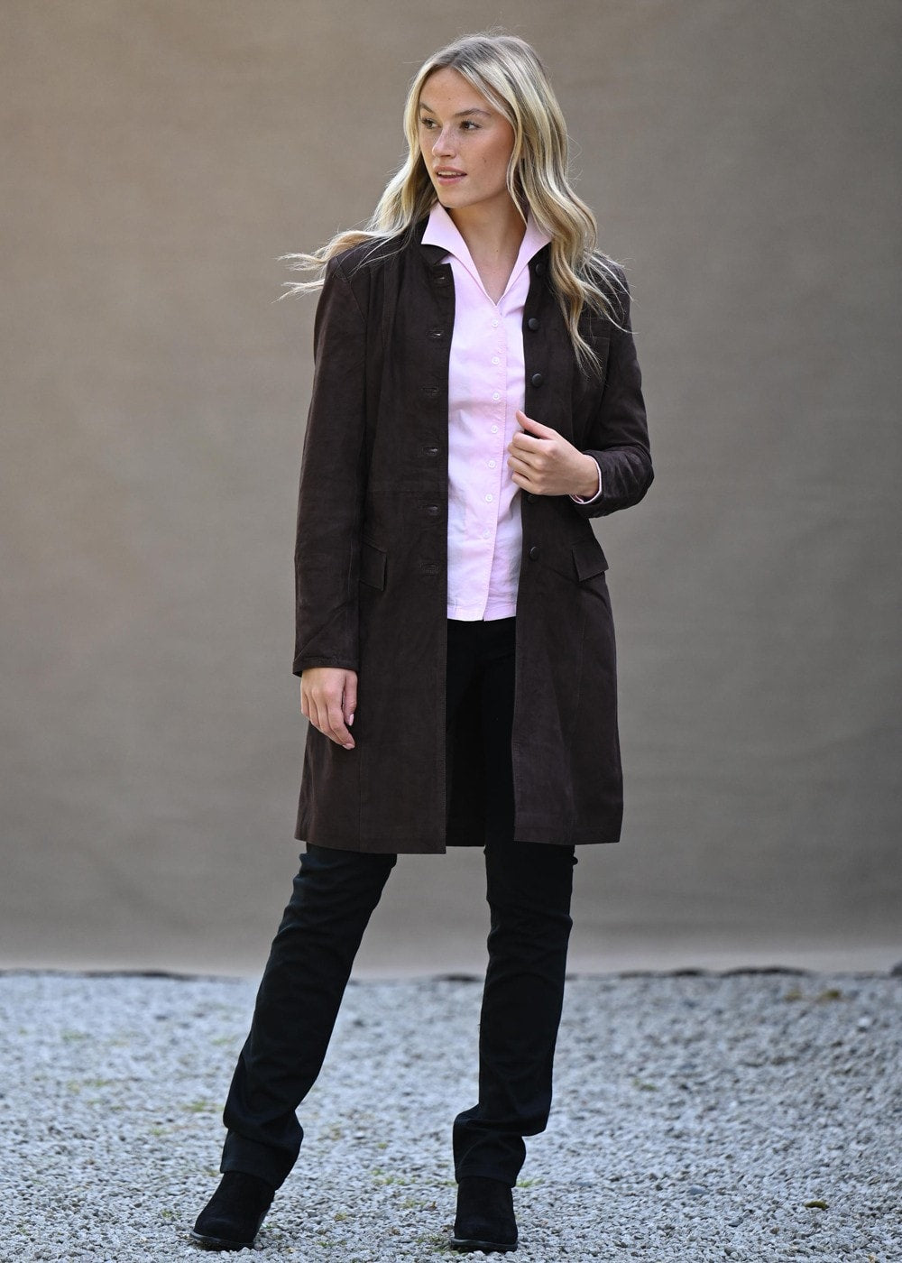 Long Suede Coat - Brown - 8