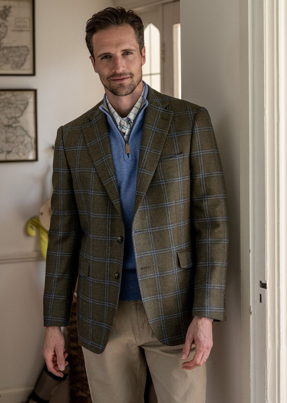 Amble Tweed Jacket - Olive with Sky Blue and Navy Check - 2