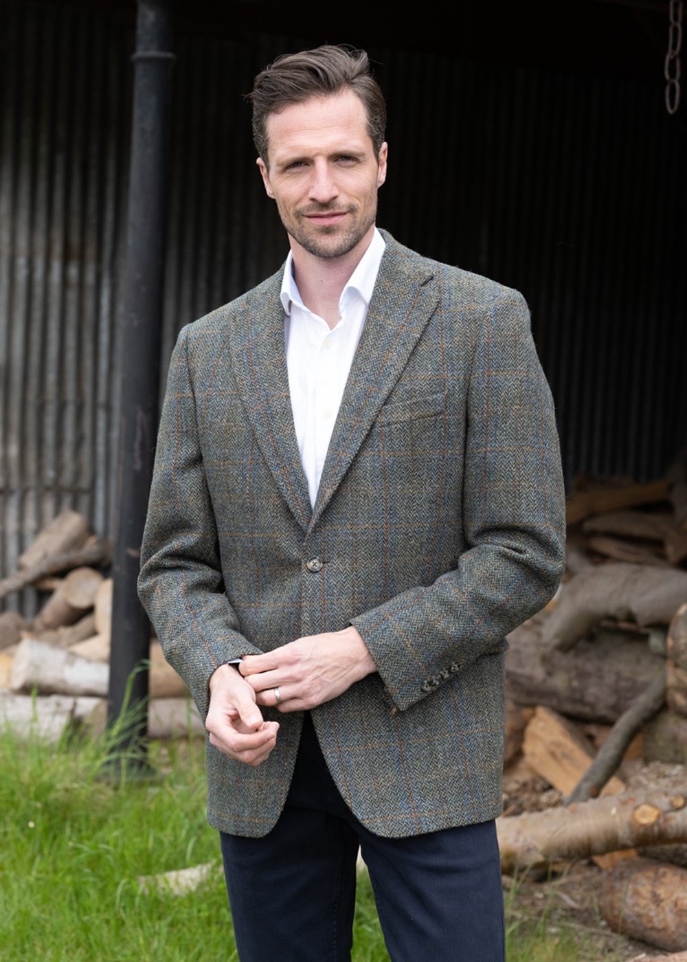 Belford Harris Tweed Jacket - Olive Herringbone with Sienna, Rust and Blue Check - 2