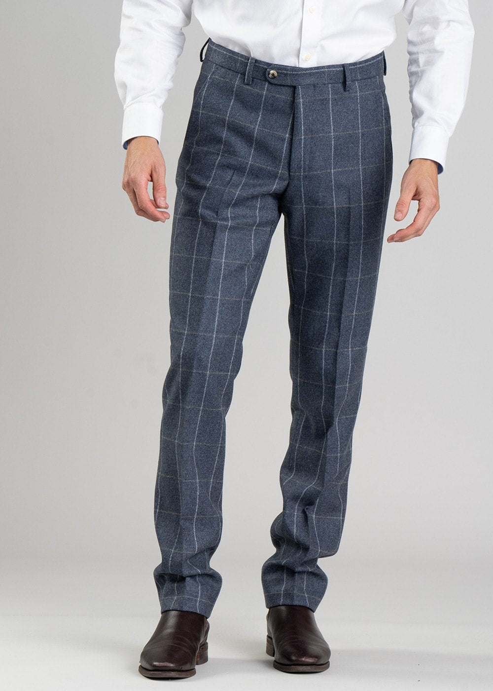 Ford Tweed Trousers - Grey and Blue Herringbone with Coffee and Cream Ch - 1