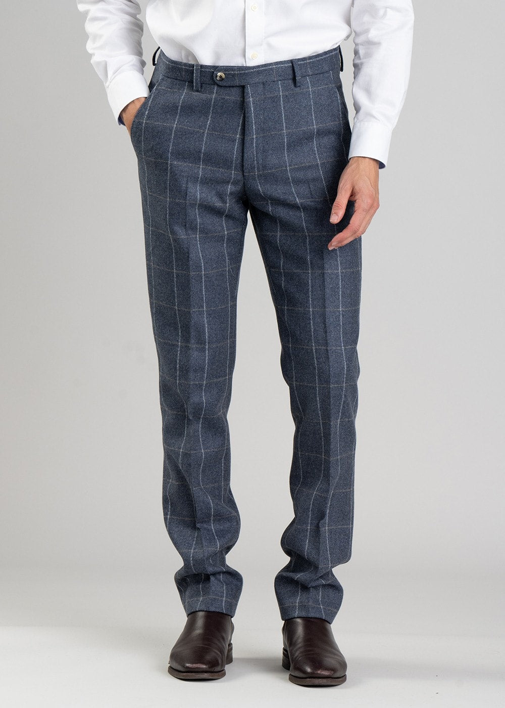 Ford Tweed Trousers - Grey and Blue Herringbone with Coffee and Cream Ch - 2