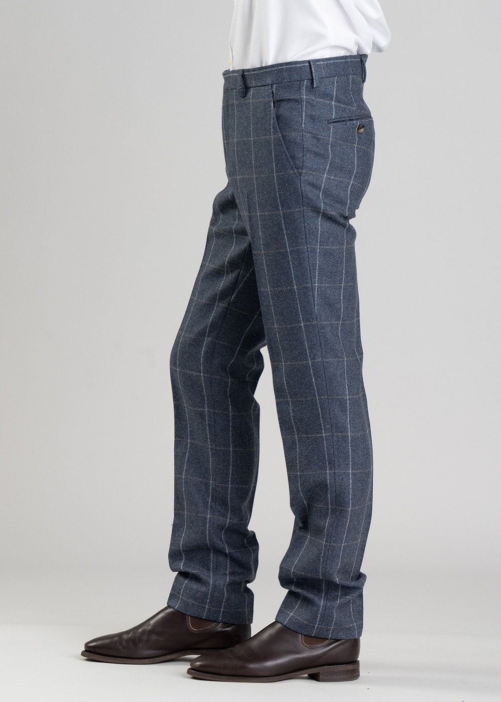 Ford Tweed Trousers - Grey and Blue Herringbone with Coffee and Cream Ch - 3