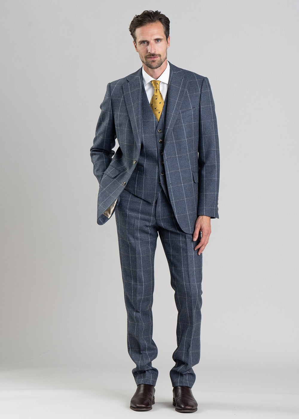 Ford Tweed Trousers - Grey and Blue Herringbone with Coffee and Cream Ch - 6