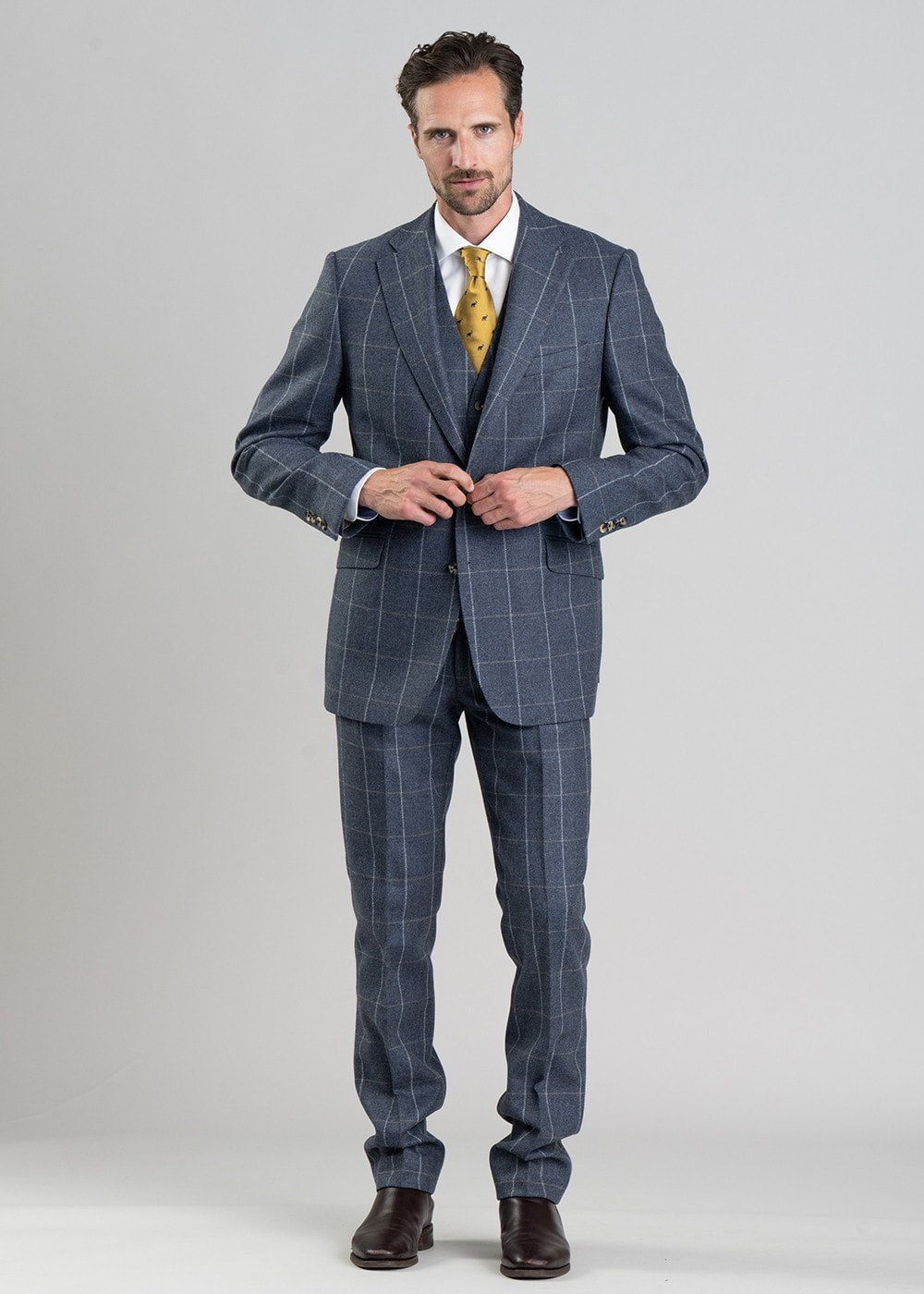 Ford Tweed Trousers - Grey and Blue Herringbone with Coffee and Cream Ch - 7