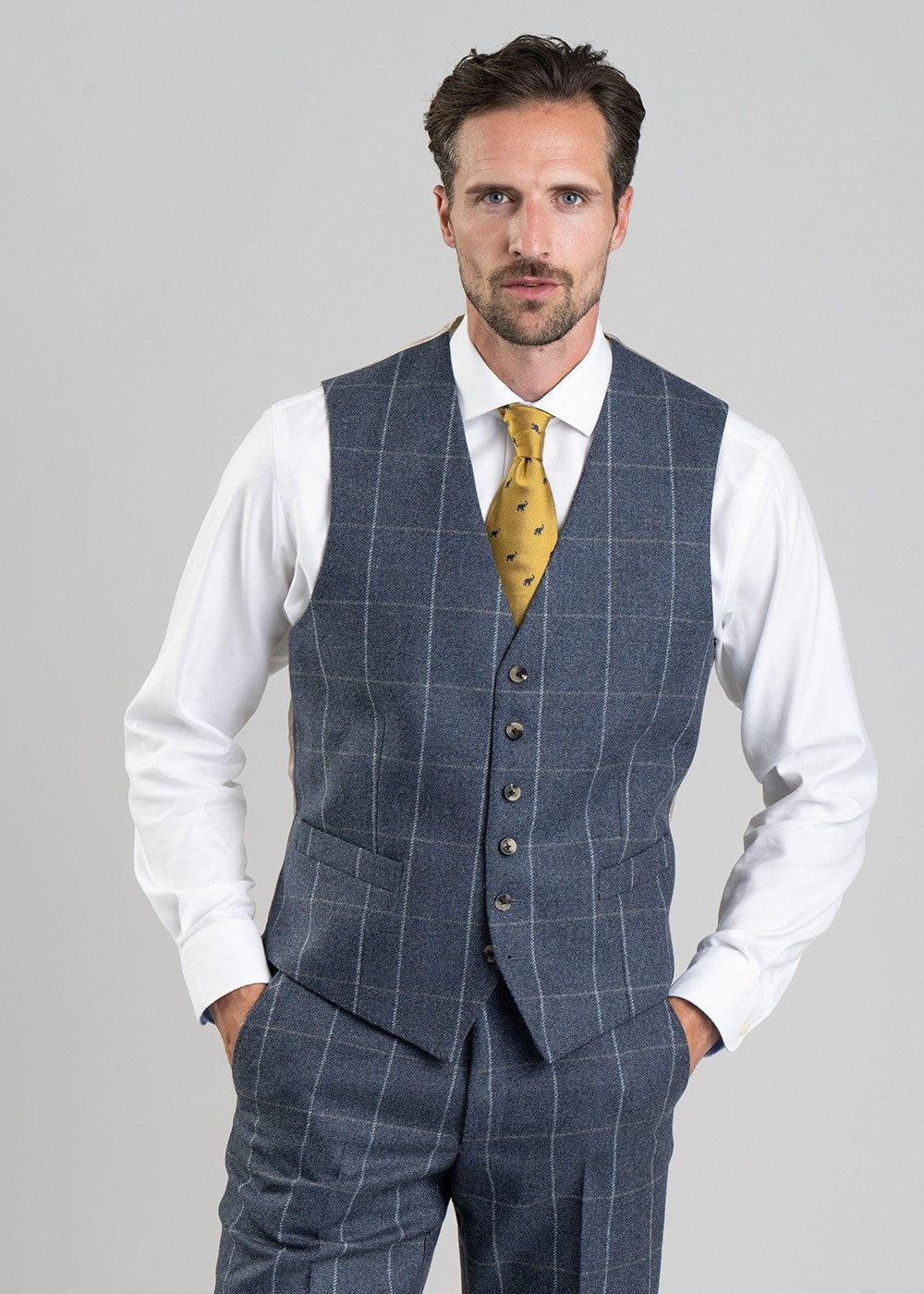 Ford Tweed Waistcoat - Grey and Blue Herringbone with Coffee and Cream Ch - 1