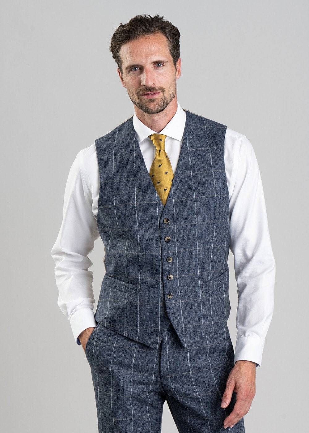 Ford Tweed Waistcoat - Grey and Blue Herringbone with Coffee and Cream Ch - 3