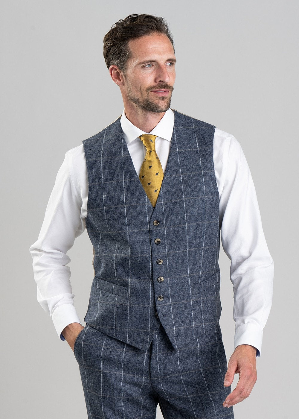 Ford Tweed Waistcoat - Grey and Blue Herringbone with Coffee and Cream Ch - 4