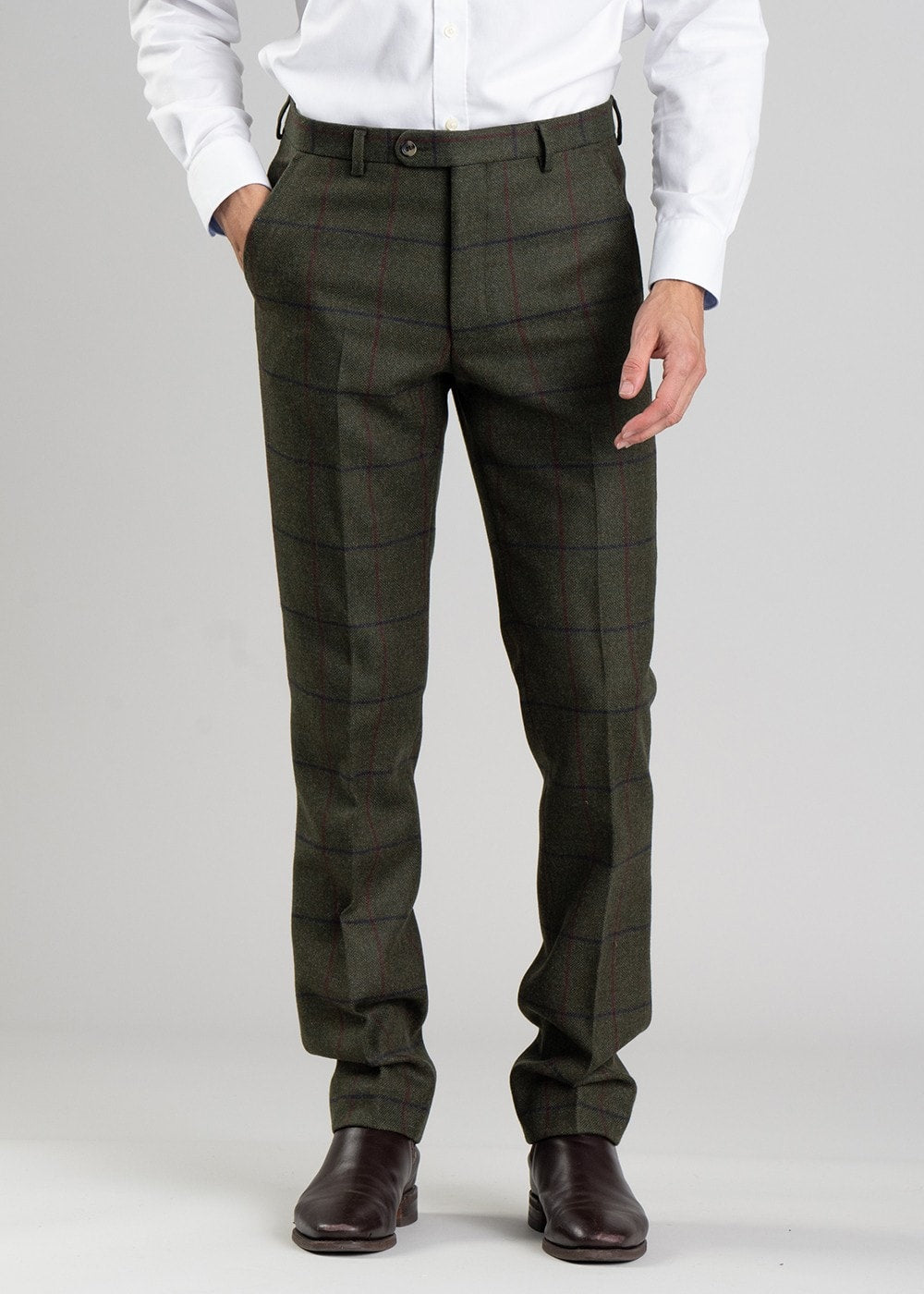 Etal Tweed Trousers - Olive Twill with Navy and Red Check - 3