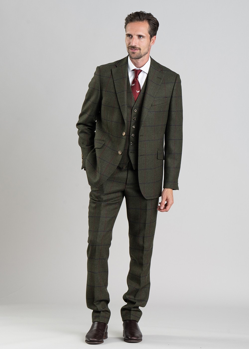 Etal Tweed Trousers - Olive Twill with Navy and Red Check - 7