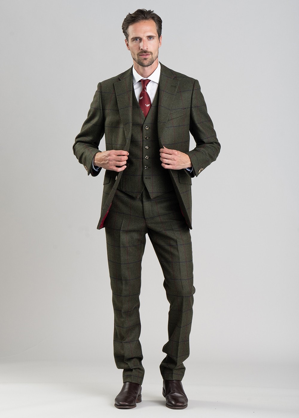 Etal Tweed Trousers - Olive Twill with Navy and Red Check - 2