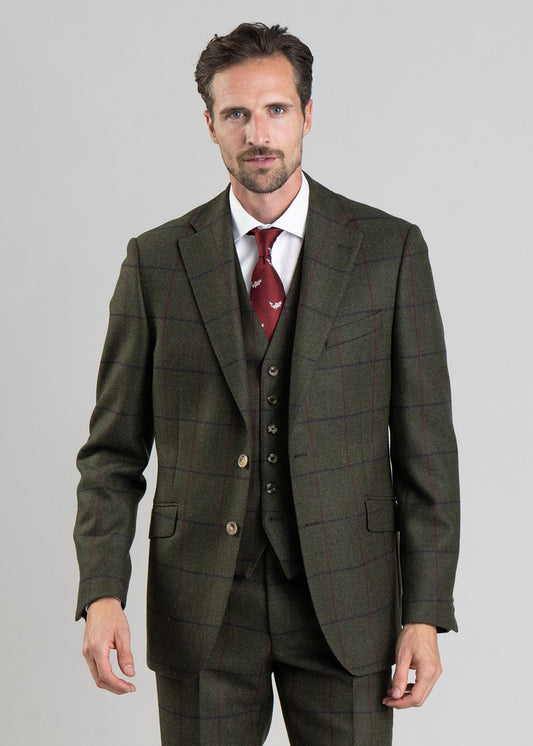 Etal Tweed Jacket - Olive Twill with Navy and Red Check - 1