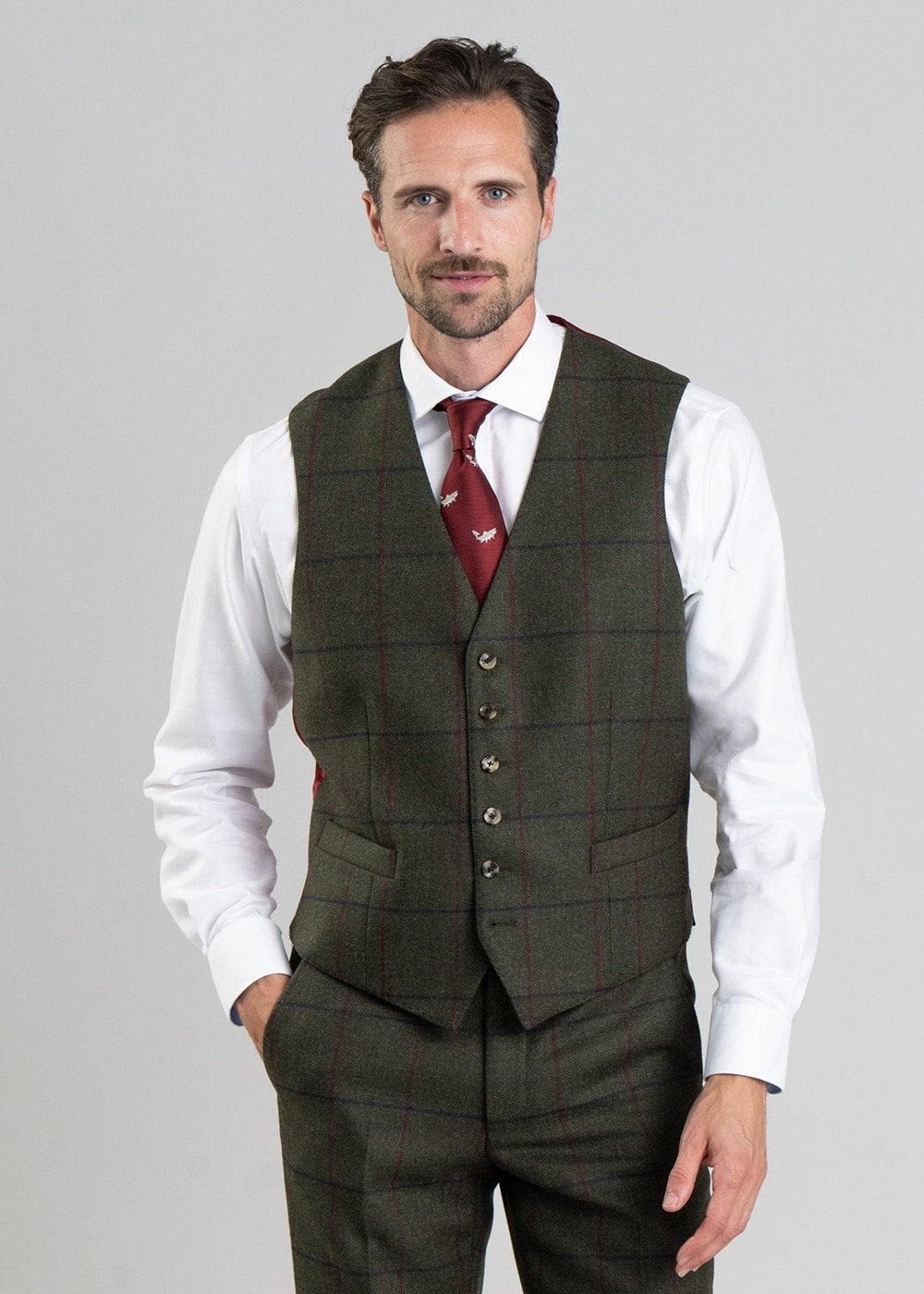 Etal Tweed Waistcoat - Olive Twill with Navy and Red Check - 1