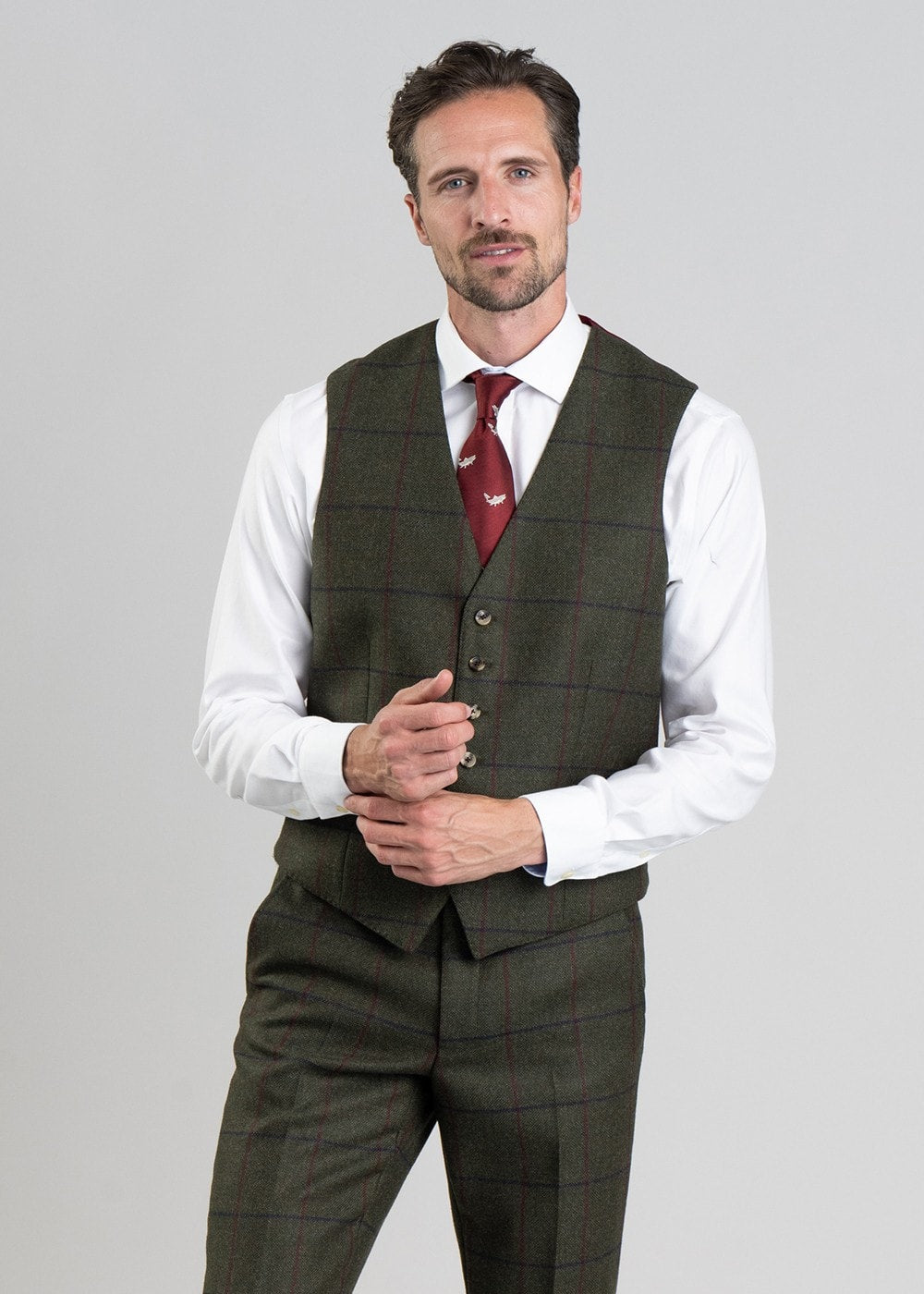 Etal Tweed Waistcoat - Olive Twill with Navy and Red Check - 3