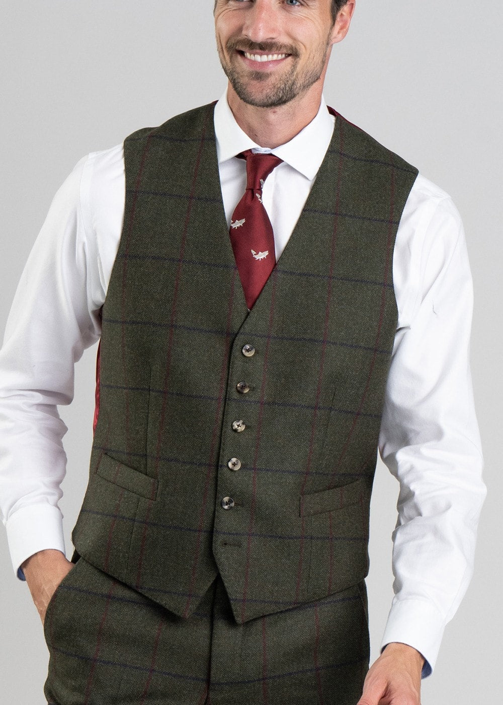 Etal Tweed Waistcoat - Olive Twill with Navy and Red Check - 4