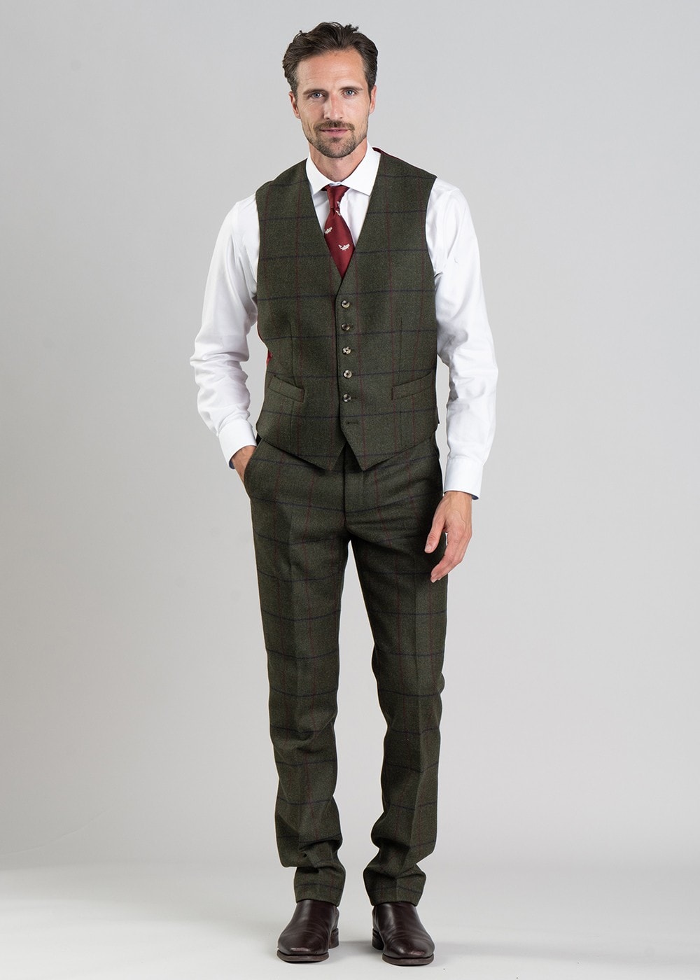 Etal Tweed Waistcoat - Olive Twill with Navy and Red Check - 2