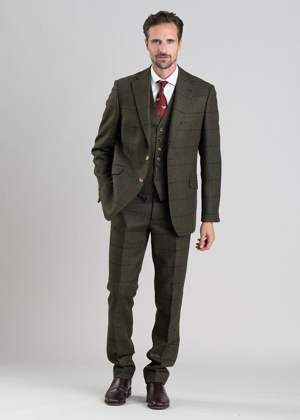 Etal Tweed Waistcoat - Olive Twill with Navy and Red Check - 6