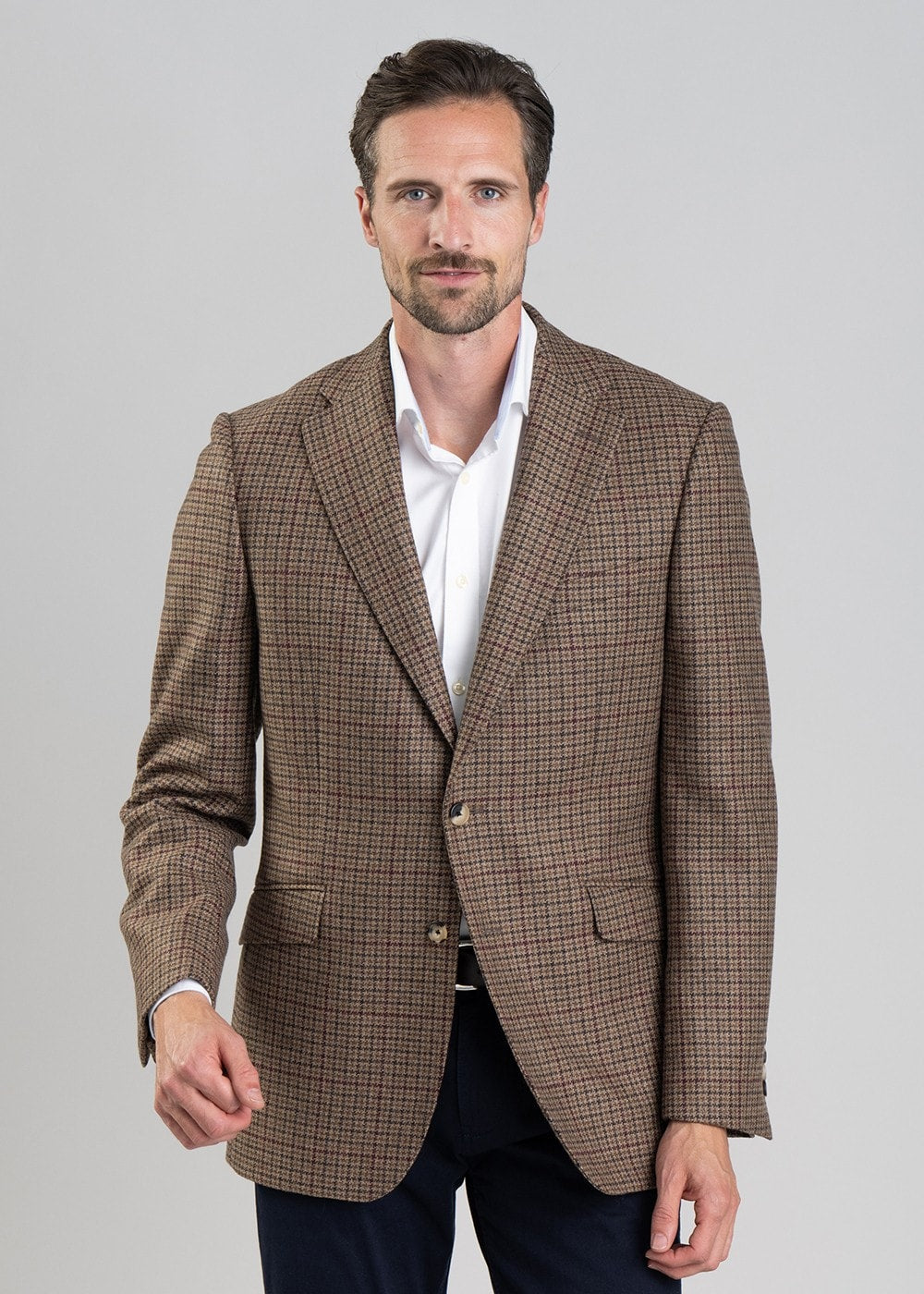 Bamburgh Tweed Jacket - Shepherds Check in Wine, Olive and Brown - 3