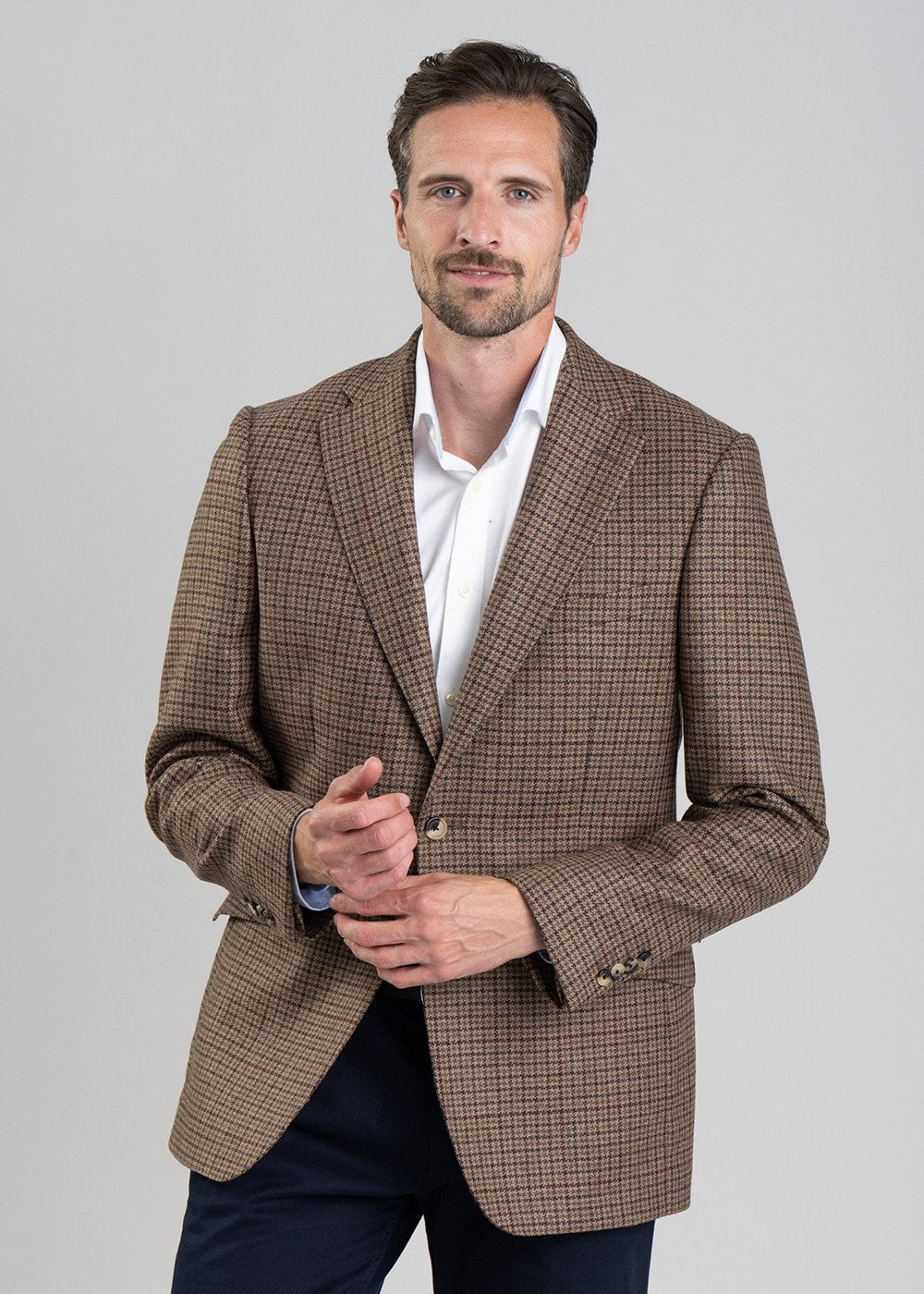 Bamburgh Tweed Jacket - Shepherds Check in Wine, Olive and Brown - 4